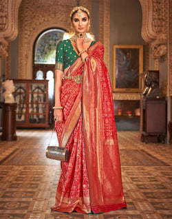 Collection of Cherry Red Banaras Silk Saree in a gallery layout