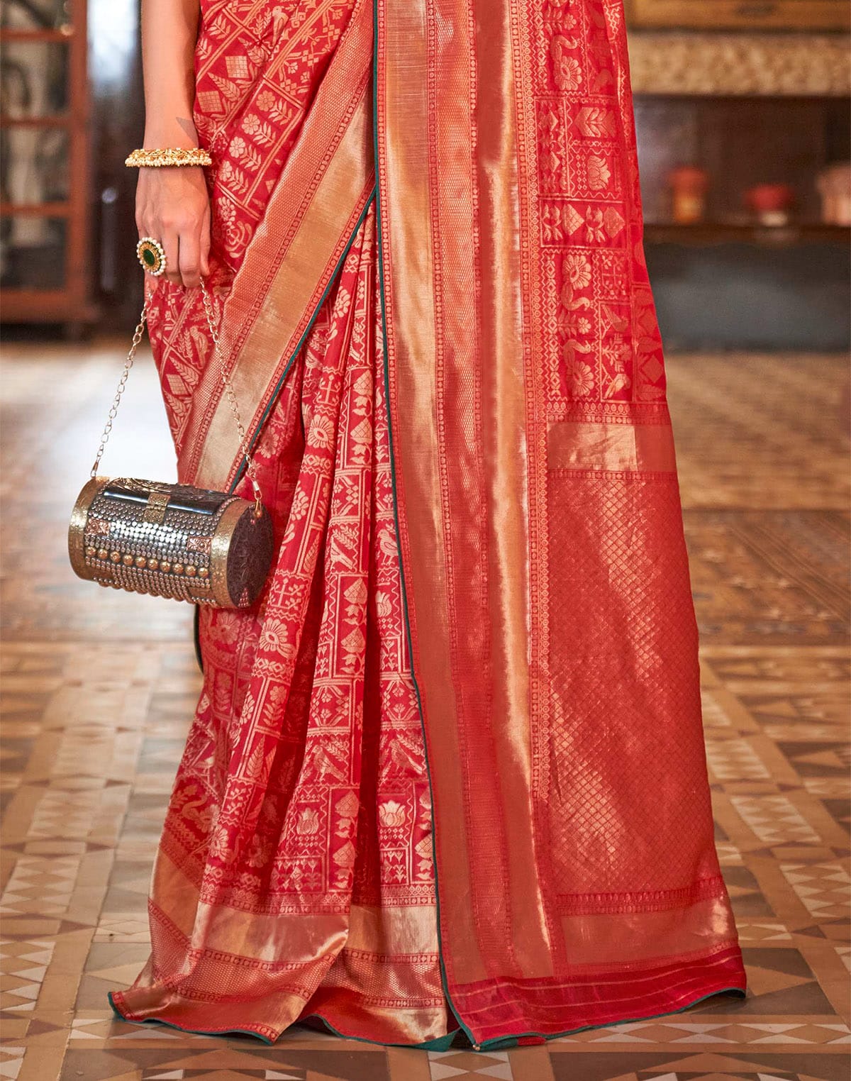 Collection of Cherry Red Banaras Silk Saree in a gallery layout