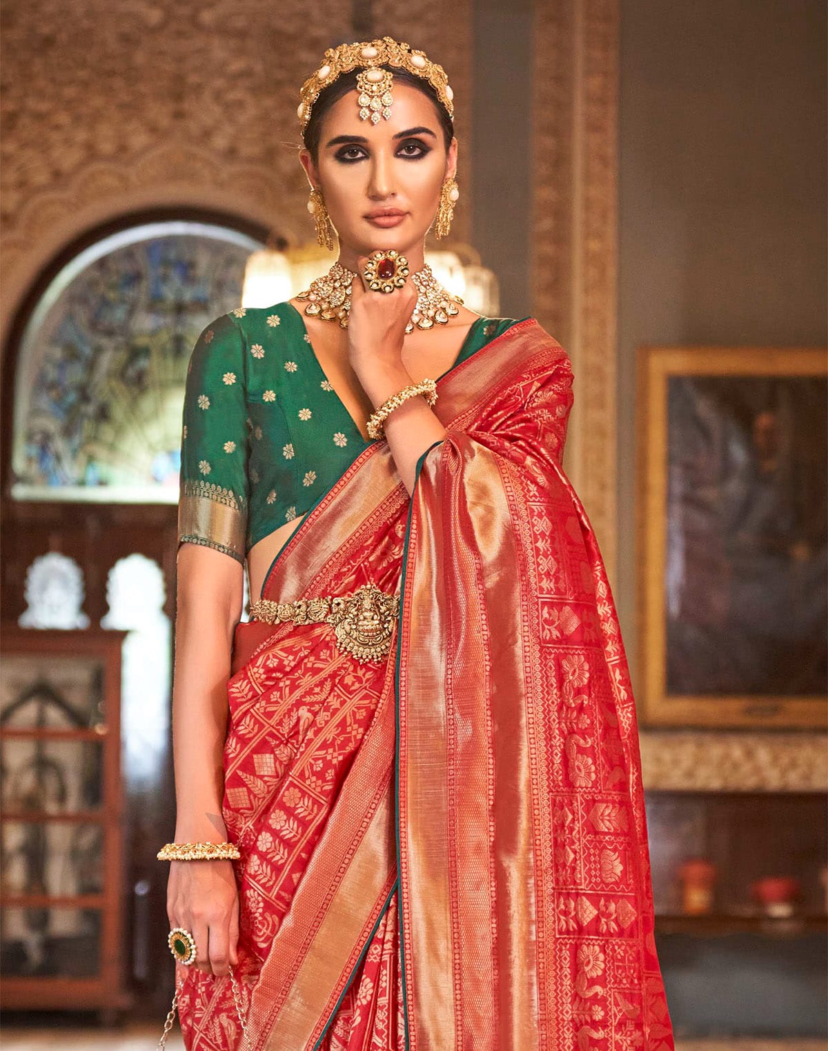 Collection of Cherry Red Banaras Silk Saree in a gallery layout