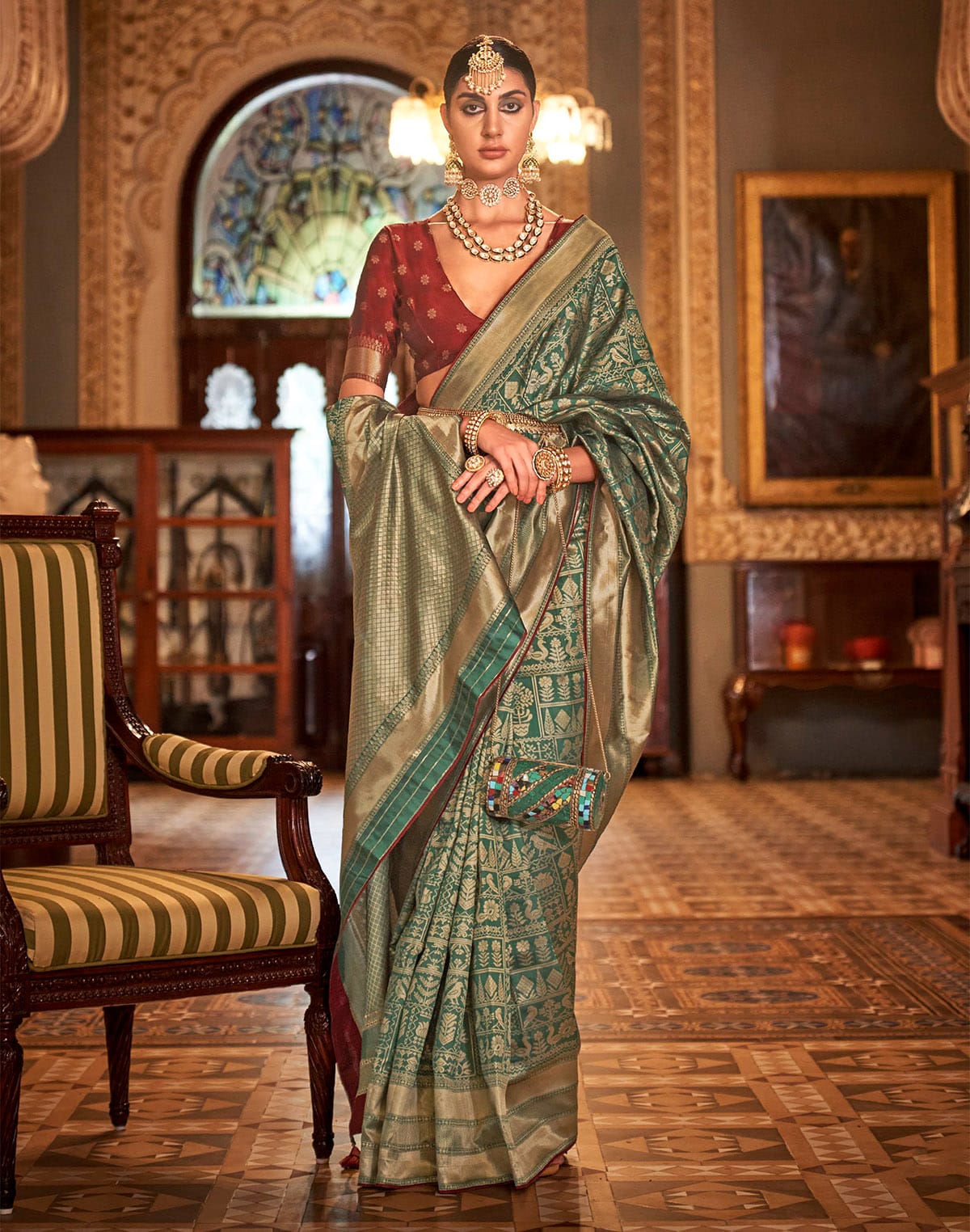 Collection of Green and Maroon Banaras Silk Saree in a gallery layout