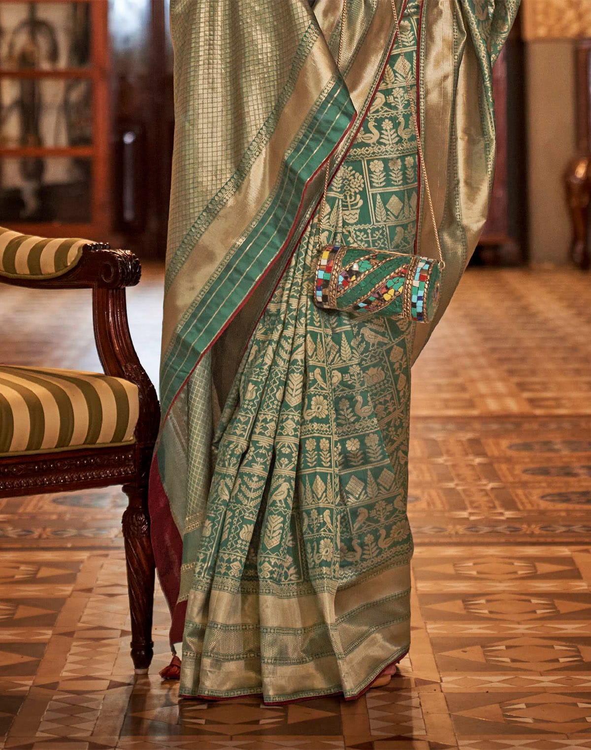 Collection of Green and Maroon Banaras Silk Saree in a gallery layout