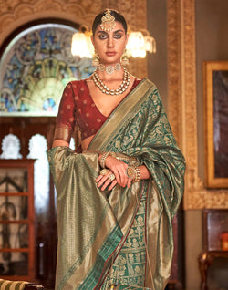 Collection of Green and Maroon Banaras Silk Saree in a gallery layout