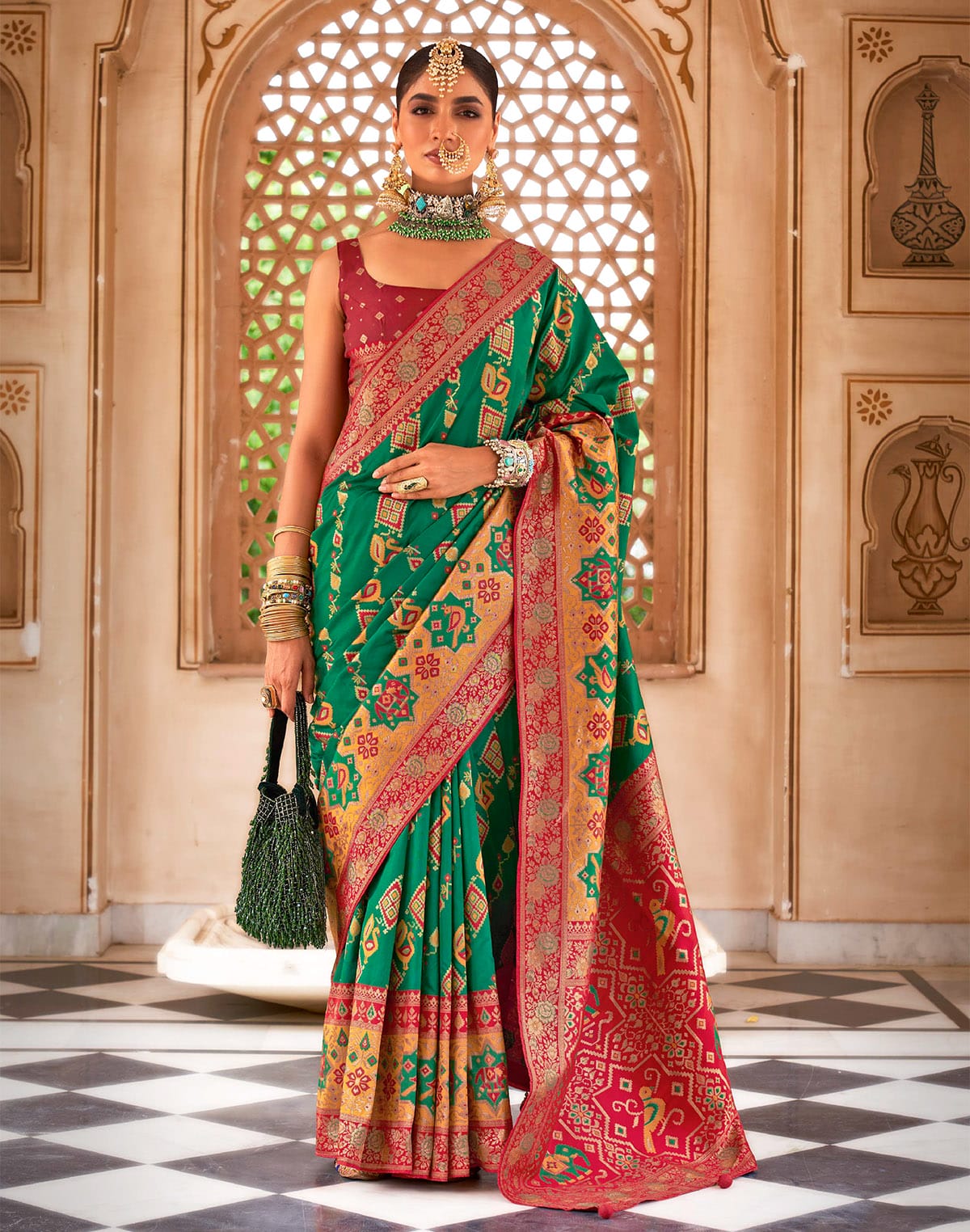 Collection of Green Coloured Peacock Motifs Printed Banaras Silk Saree in a gallery layout