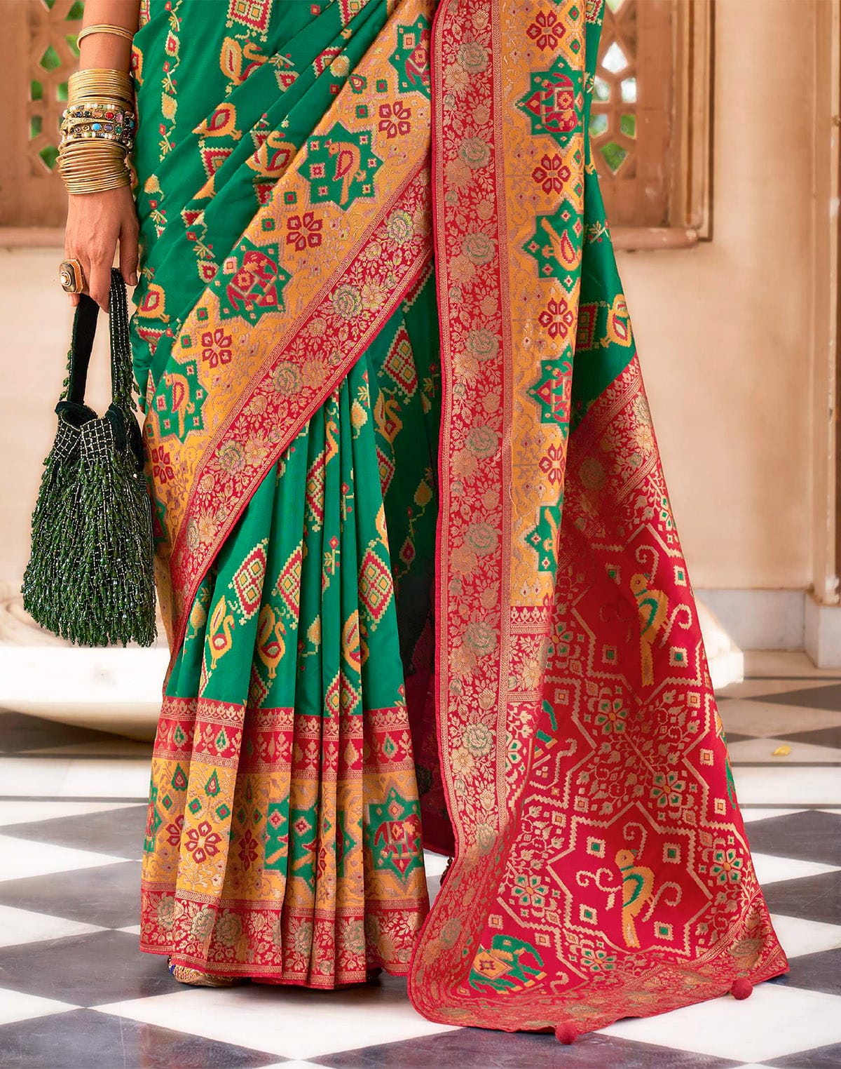 Collection of Green Coloured Peacock Motifs Printed Banaras Silk Saree in a gallery layout