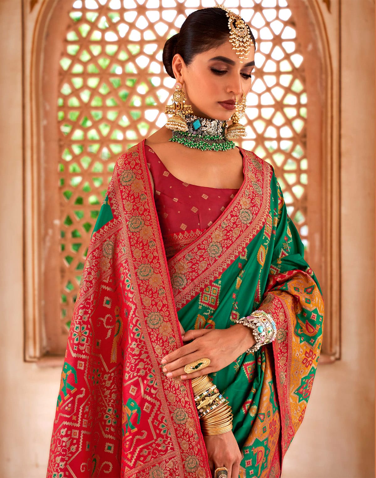 Collection of Green Coloured Peacock Motifs Printed Banaras Silk Saree in a gallery layout