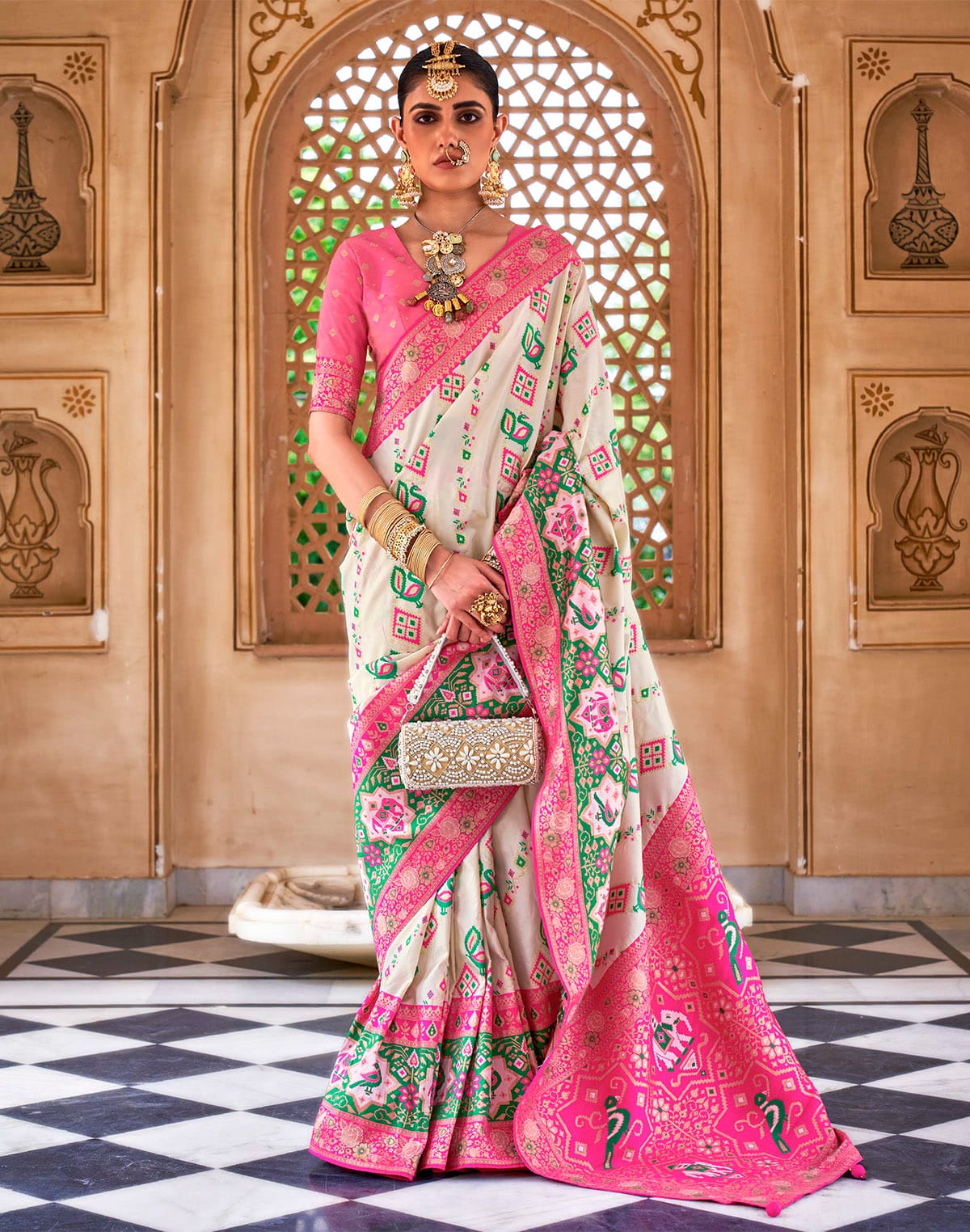 Collection of Light Beige Banaras Silk Saree with Contrast Pallu in a gallery layout