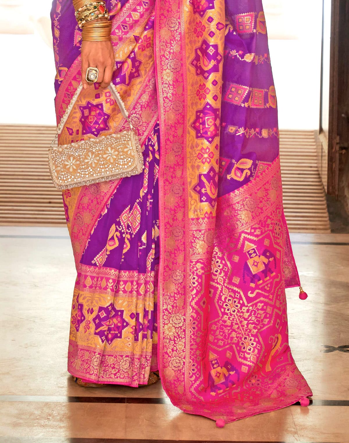 Collection of Purple Coloured Banaras Silk Classic Saree in a gallery layout