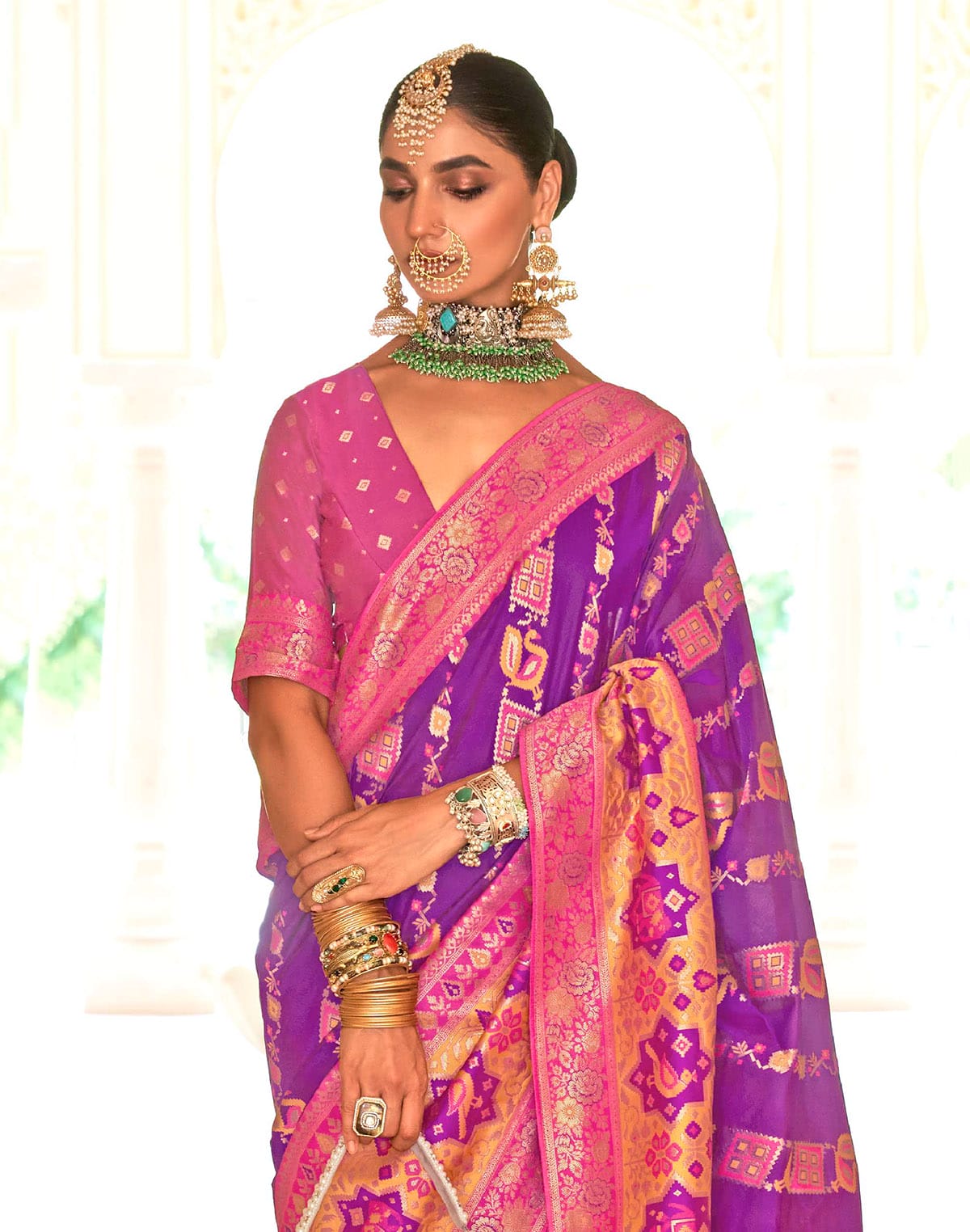 Collection of Purple Coloured Banaras Silk Classic Saree in a gallery layout