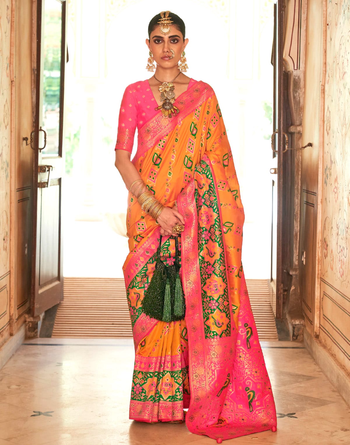 Collection of Mustard and Pink Banaras Woven Trendy Saree in a gallery layout