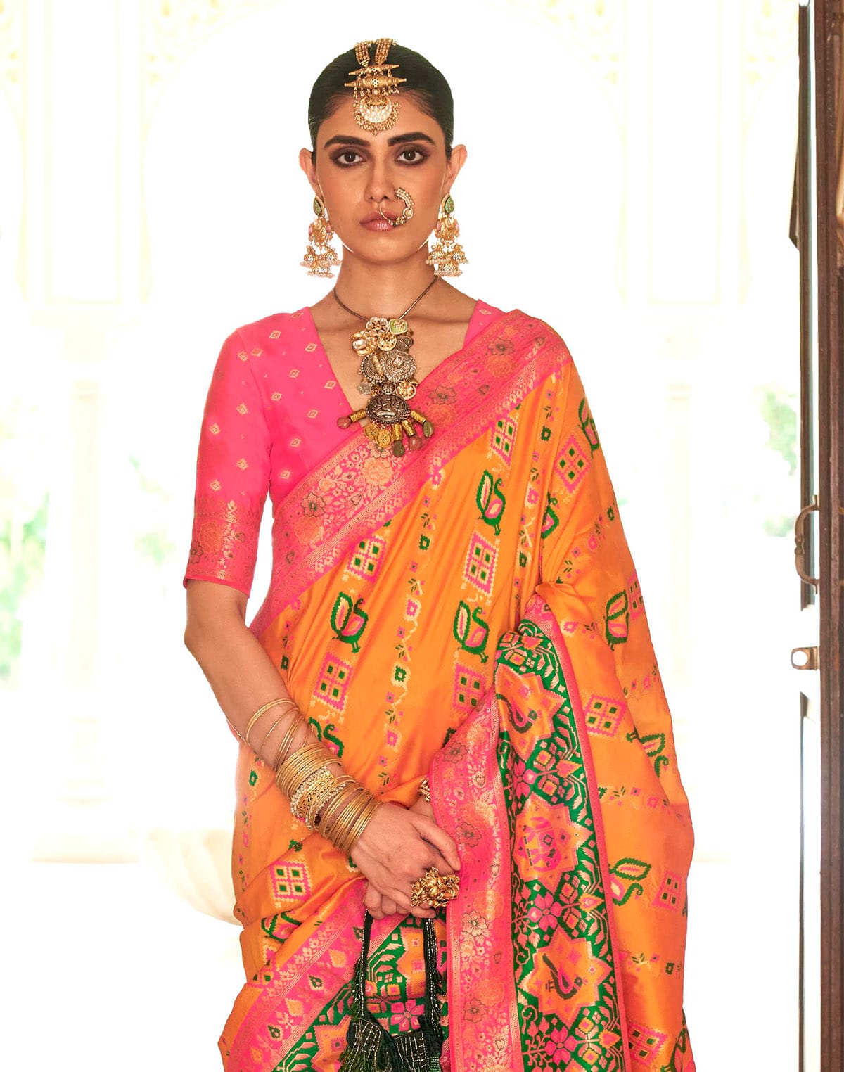 Collection of Mustard and Pink Banaras Woven Trendy Saree in a gallery layout