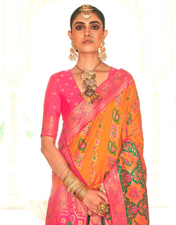 Collection of Mustard and Pink Banaras Woven Trendy Saree in a gallery layout