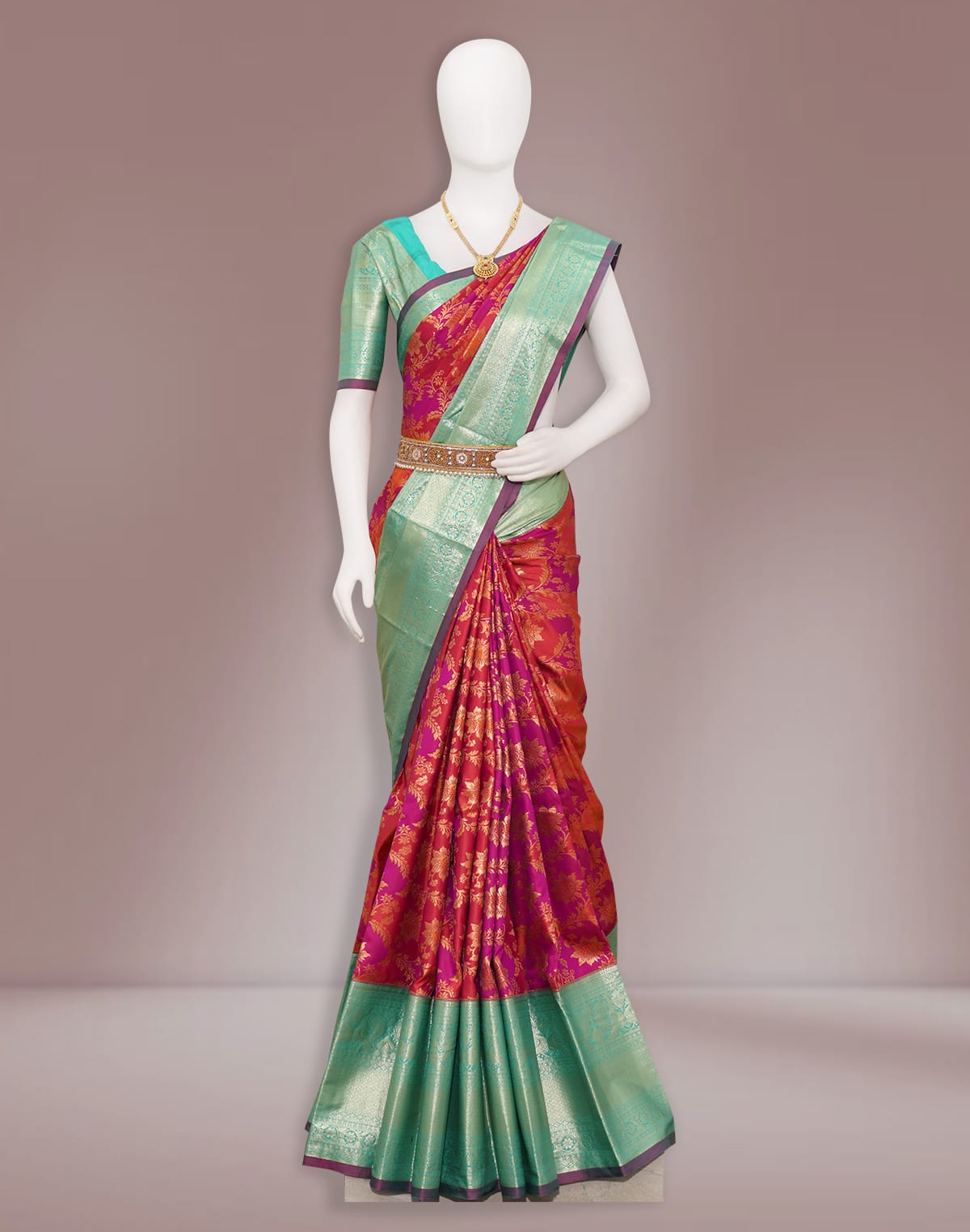 Collection of Magenta Floral design Contrast Border Saree in a gallery layout