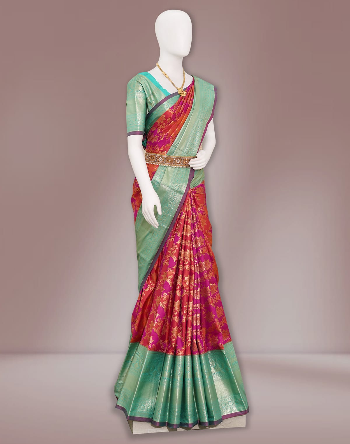 Magenta Floral design Contrast Border Saree