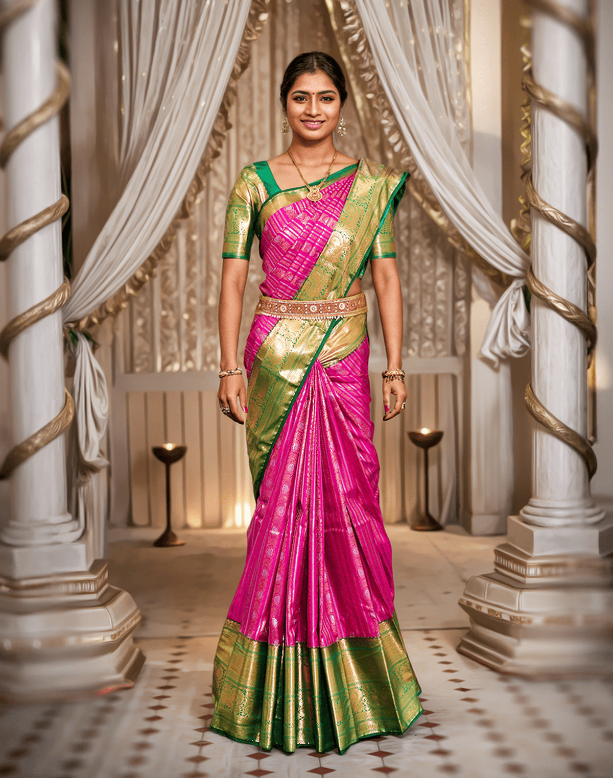 Pink Floral Silver and Golden Zari skut Border Saree