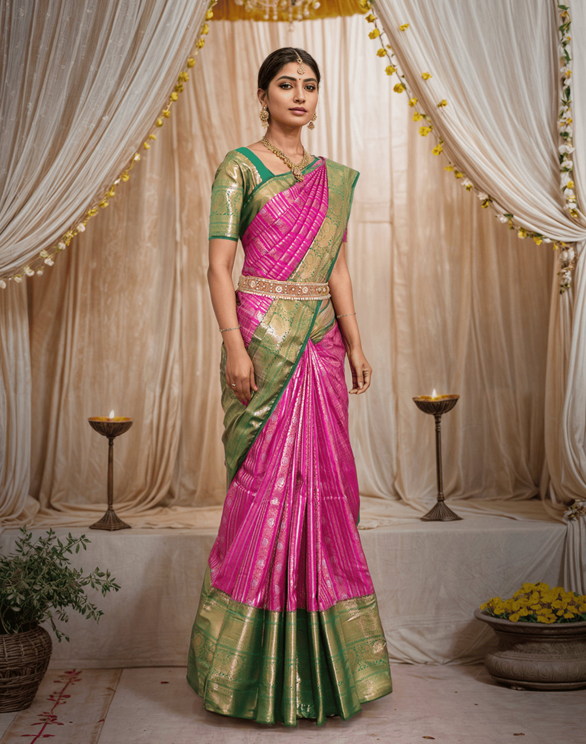 Pink Floral Silver and Golden Zari skut Border Saree