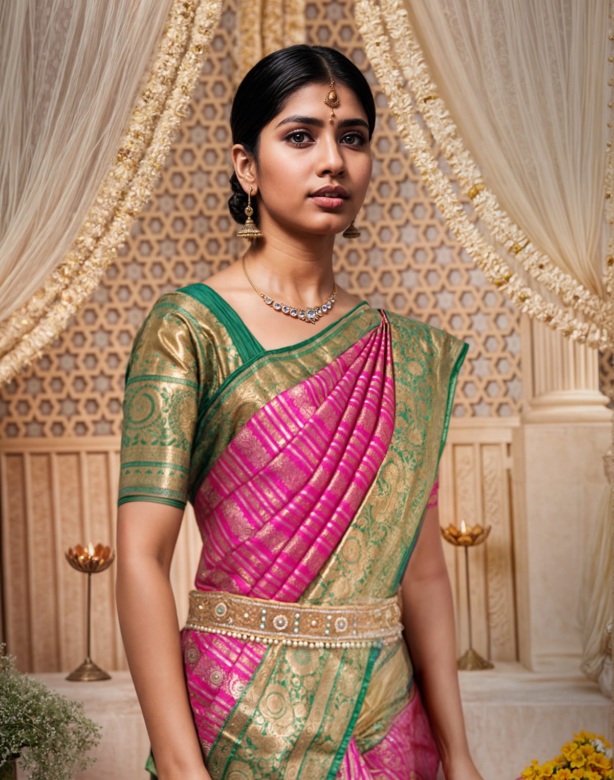 Collection of Pink Floral Silver and Golden Zari skut Border Saree in a gallery layout