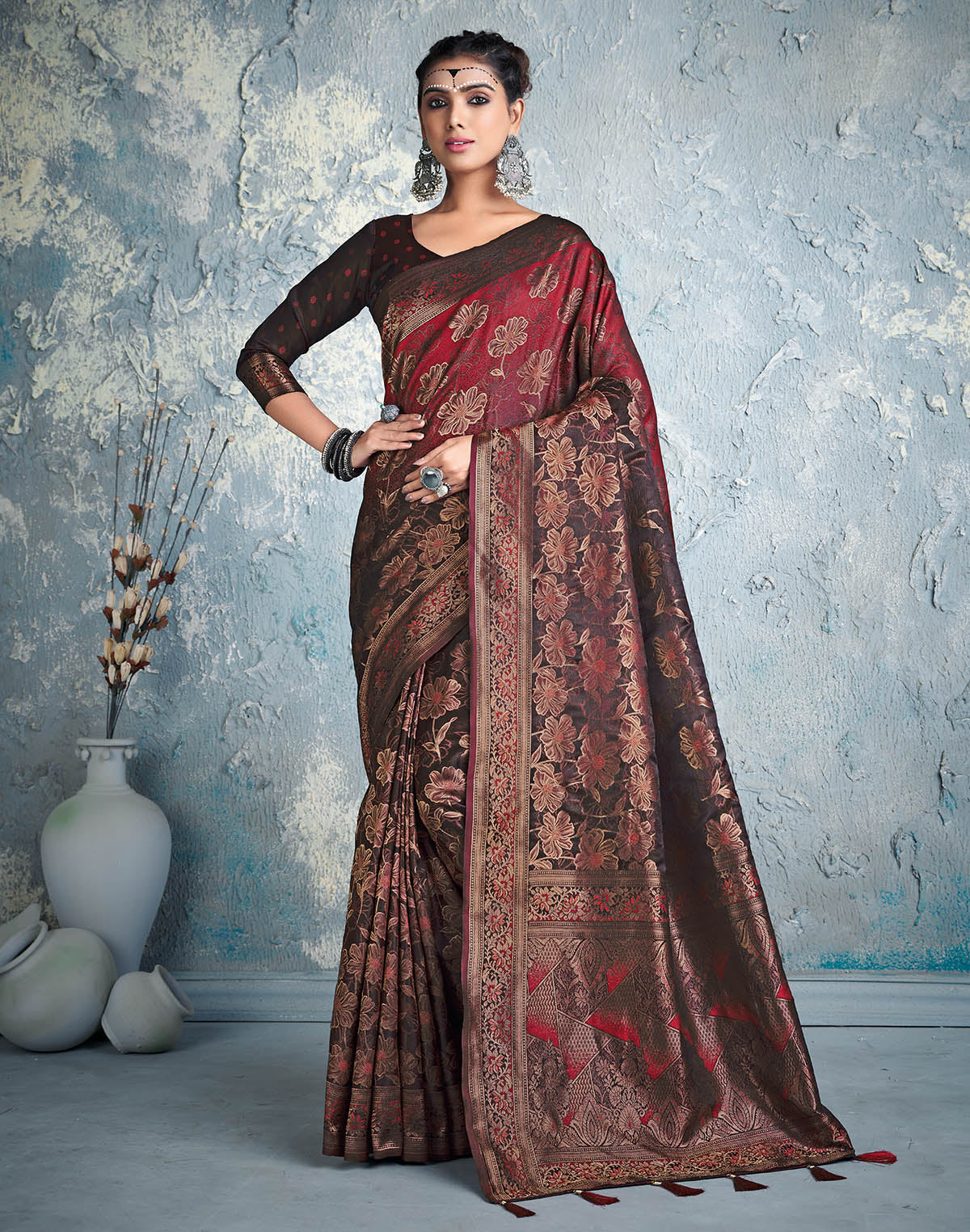 Designer Maroon Floral Print Soft Silk Saree