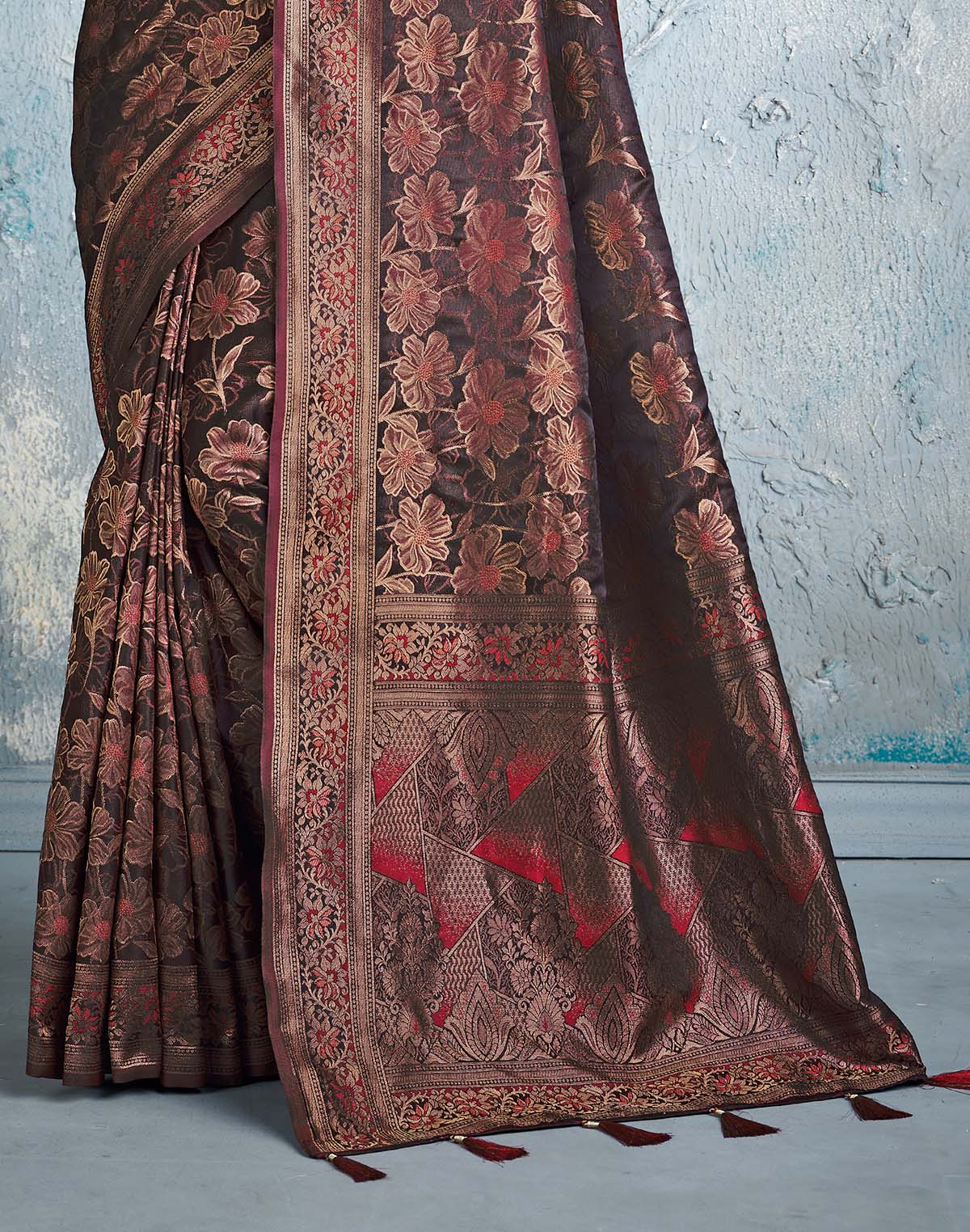 Designer Maroon Floral Print Soft Silk Saree