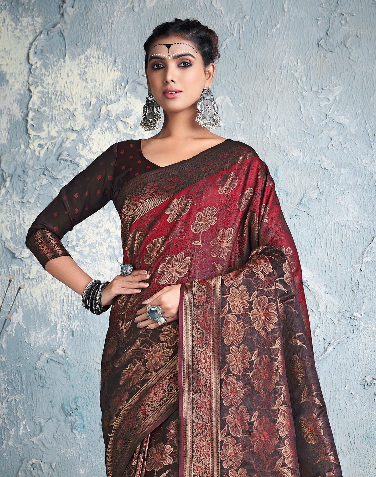 Collection of Designer Maroon Floral Print Soft Silk Saree in a gallery layout