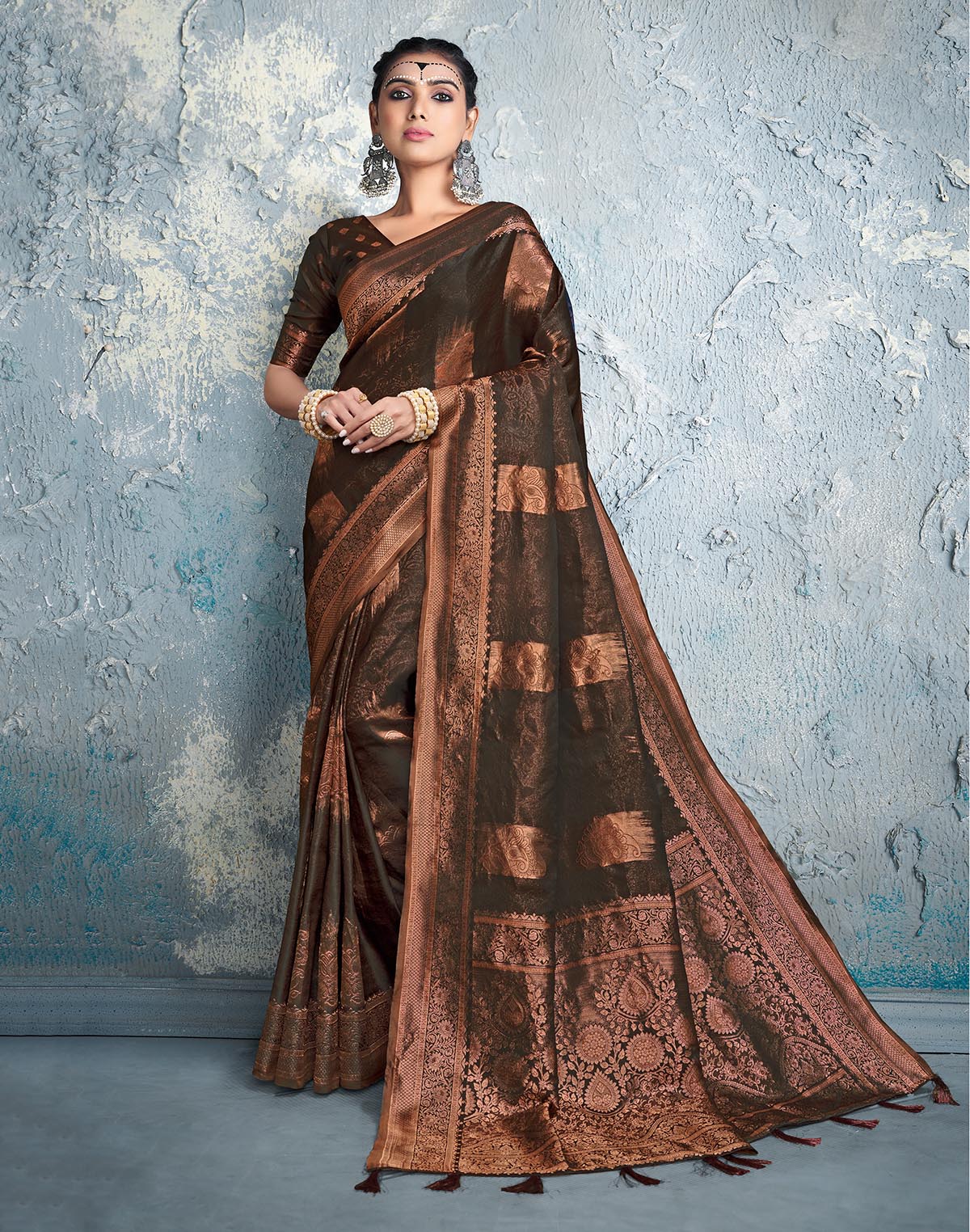 Collection of Dark Brown Floral Bunches Soft Silk Saree in a gallery layout