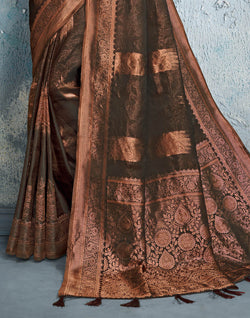 Collection of Dark Brown Floral Bunches Soft Silk Saree in a gallery layout