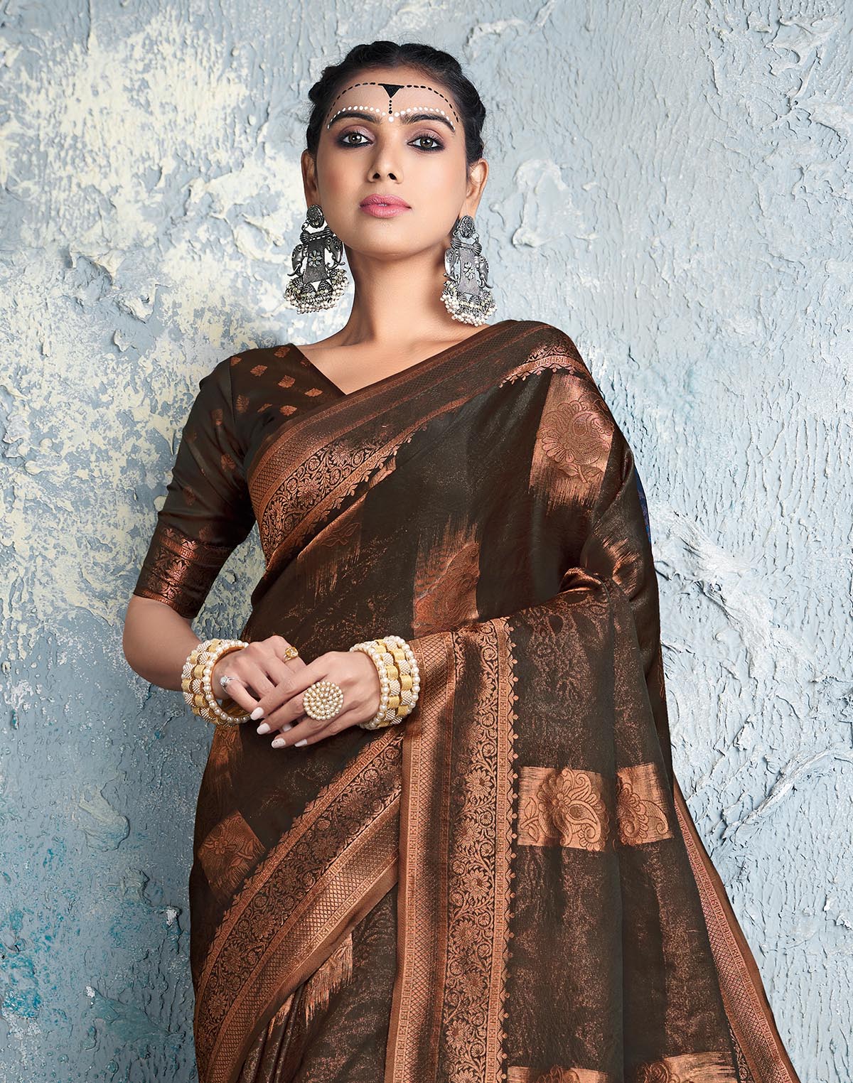 Dark Brown Floral Bunches Soft Silk Saree