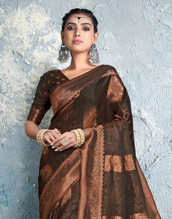 Collection of Dark Brown Floral Bunches Soft Silk Saree in a gallery layout