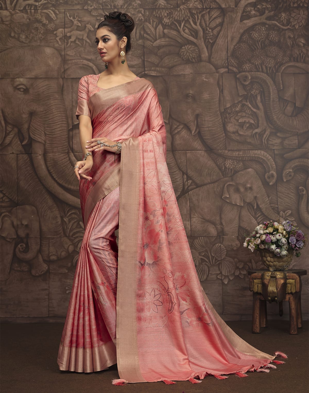 Peach Malai Silk Saree