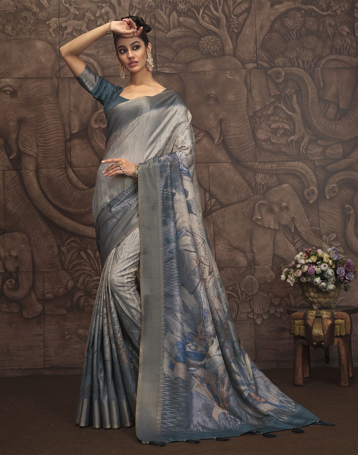 Collection of Light Blue Malai Silk Fabric Saree in a gallery layout