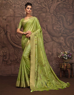 Collection of Stylish Parrot Green Graphic Design Malai Silk Saree in a gallery layout