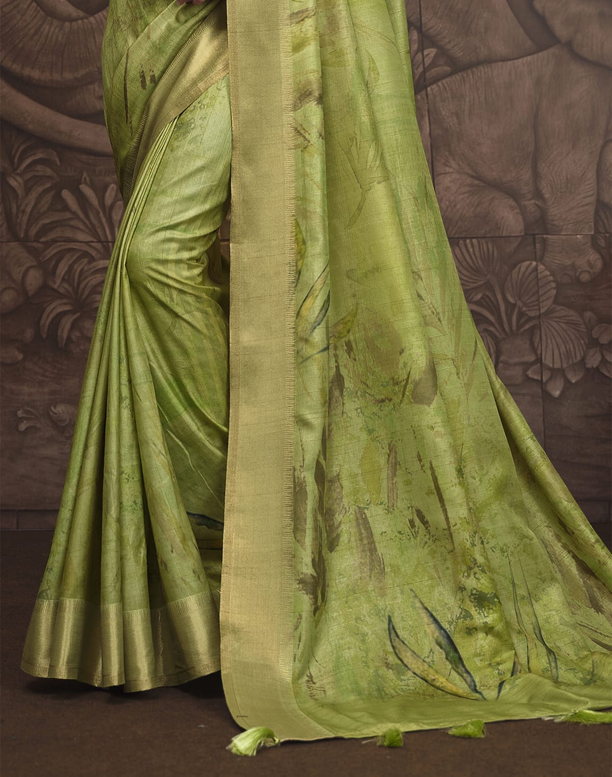 Collection of Stylish Parrot Green Graphic Design Malai Silk Saree in a gallery layout