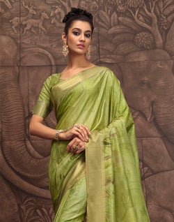 Collection of Stylish Parrot Green Graphic Design Malai Silk Saree in a gallery layout