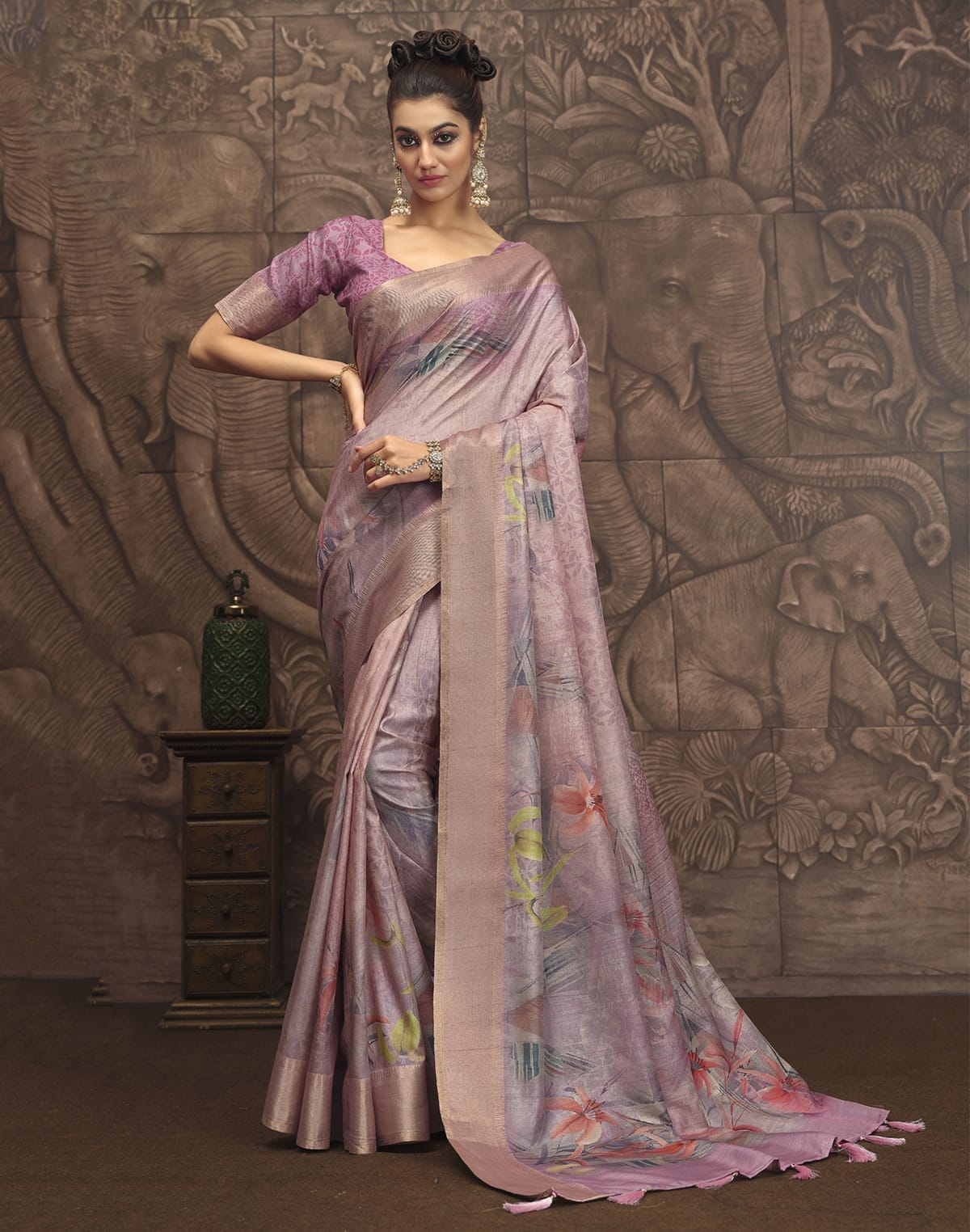 Light Purple Coloured Malai Silk Saree