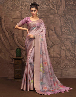 Collection of Light Purple Coloured Malai Silk Saree in a gallery layout