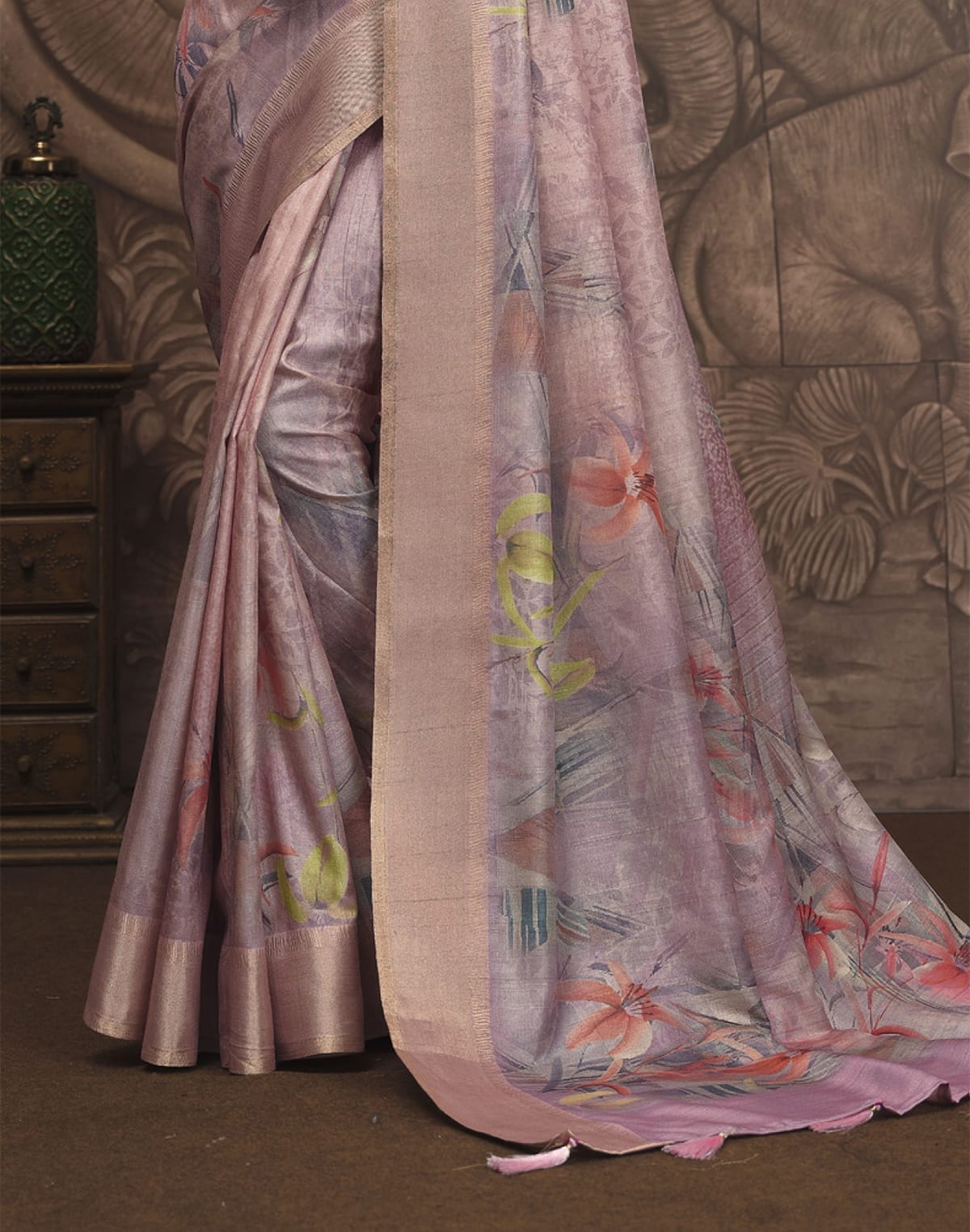 Light Purple Coloured Malai Silk Saree