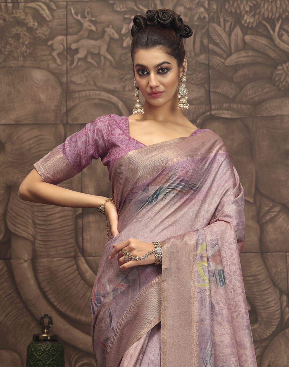 Collection of Light Purple Coloured Malai Silk Saree in a gallery layout