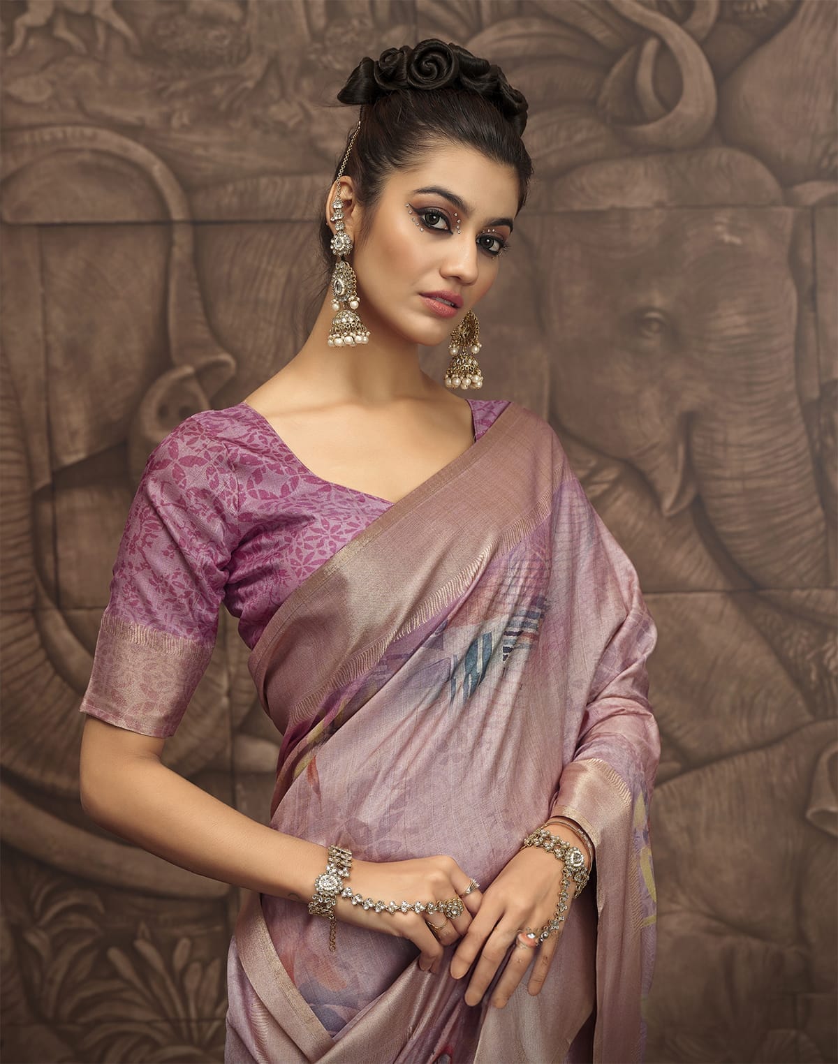 Light Purple Coloured Malai Silk Saree