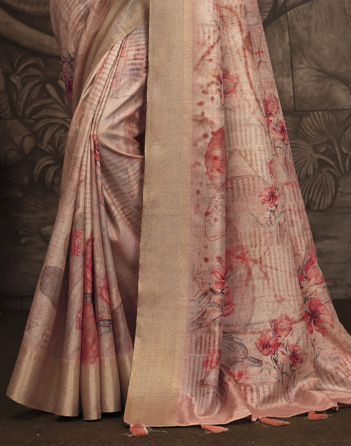 Light Orange Floral Pattern Malai Silk Saree