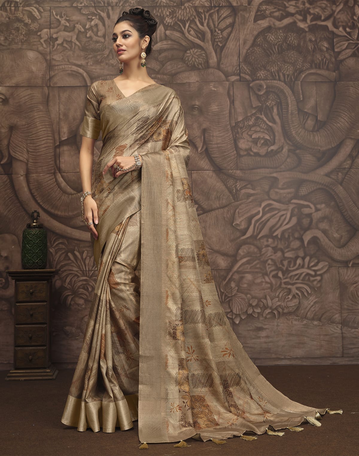 Collection of Brown Malai Silk Fancy Saree in a gallery layout