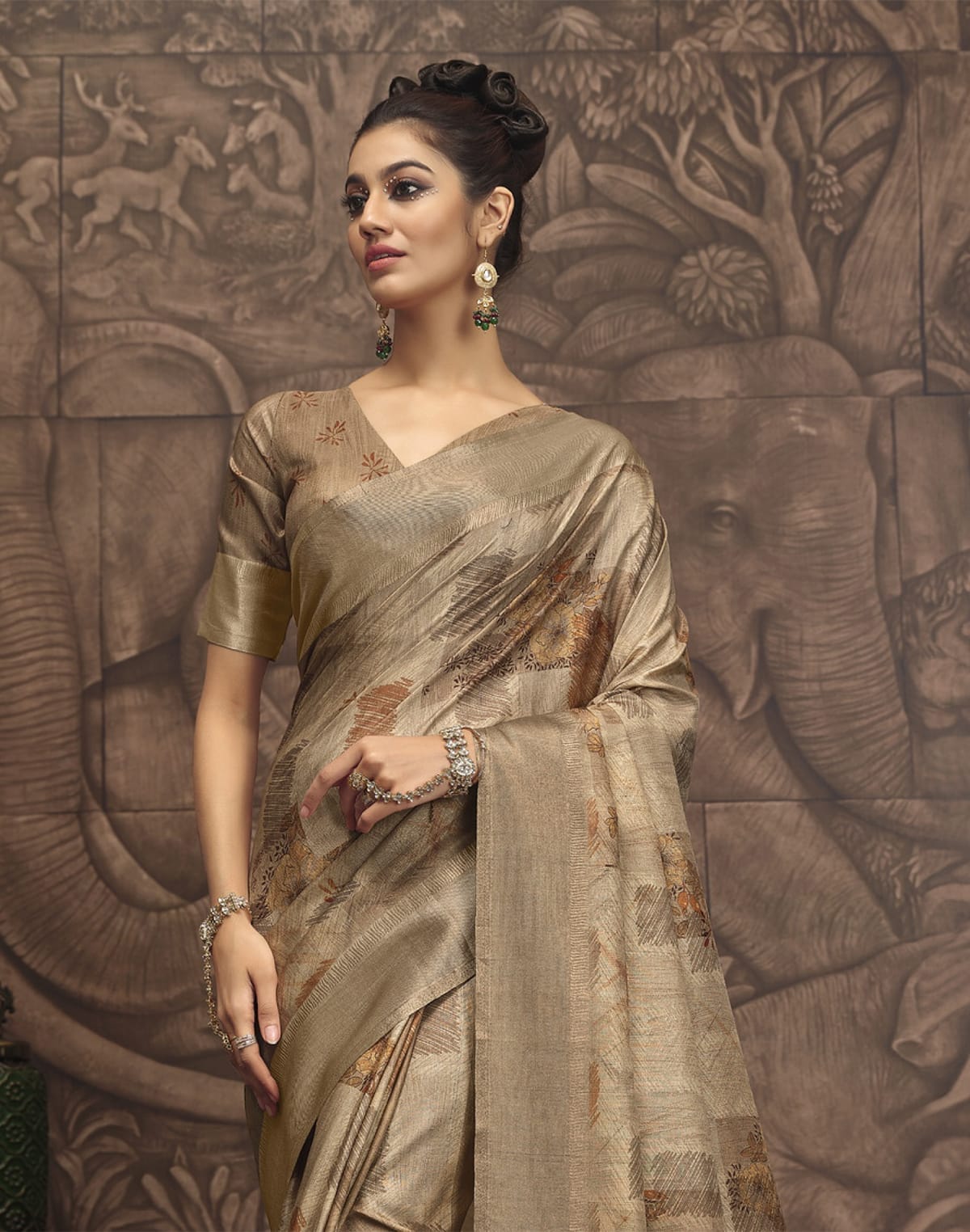 Collection of Brown Malai Silk Fancy Saree in a gallery layout