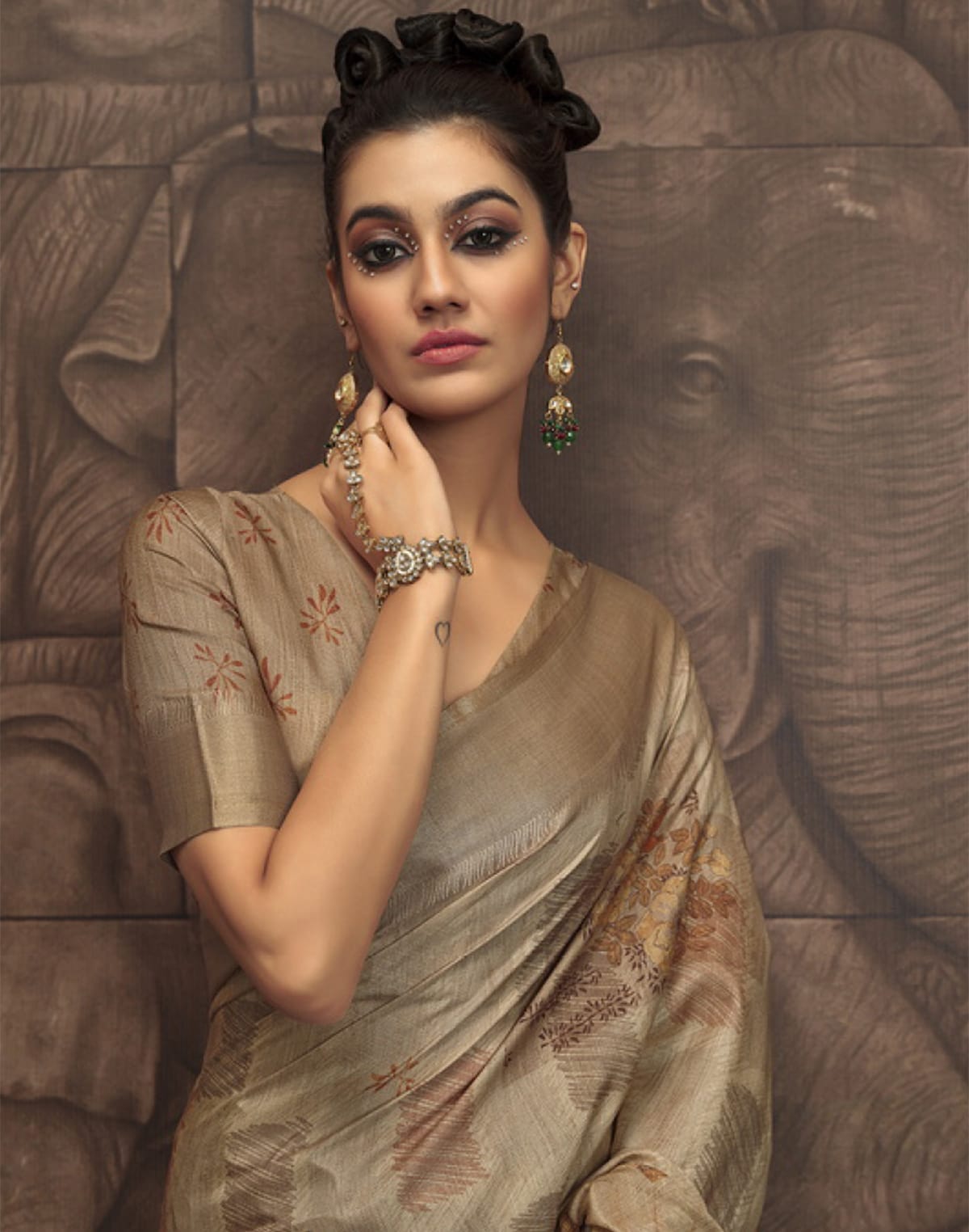 Collection of Brown Malai Silk Fancy Saree in a gallery layout