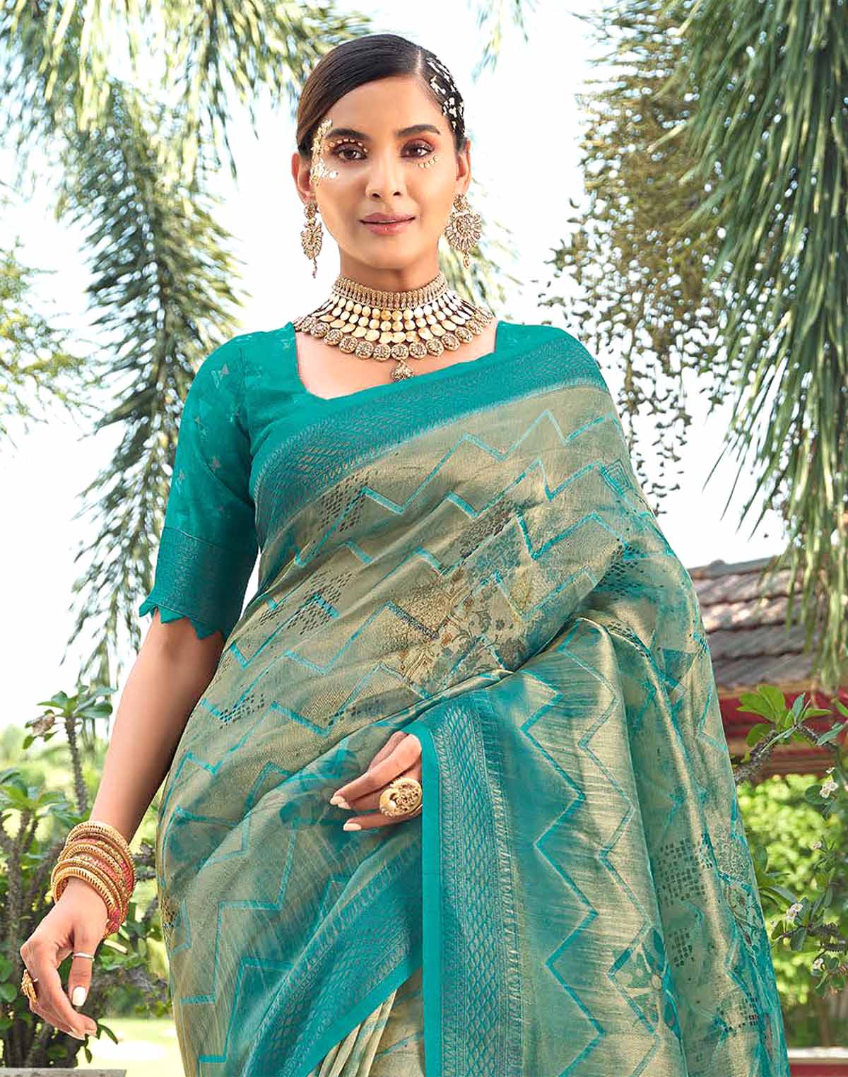 Sea Green Chevron Pattern Tissue Saree