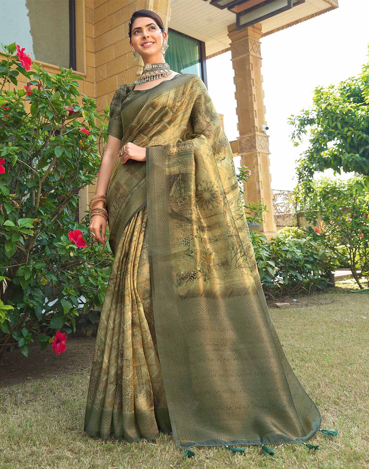 Collection of Mehendi Green Tissue Designer Saree in a gallery layout