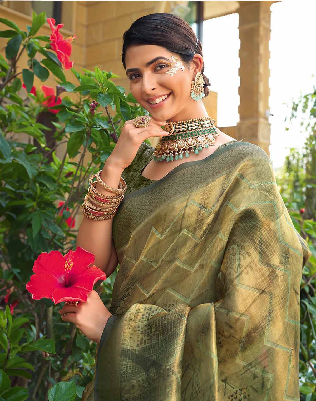 Mehendi Green Tissue Designer Saree