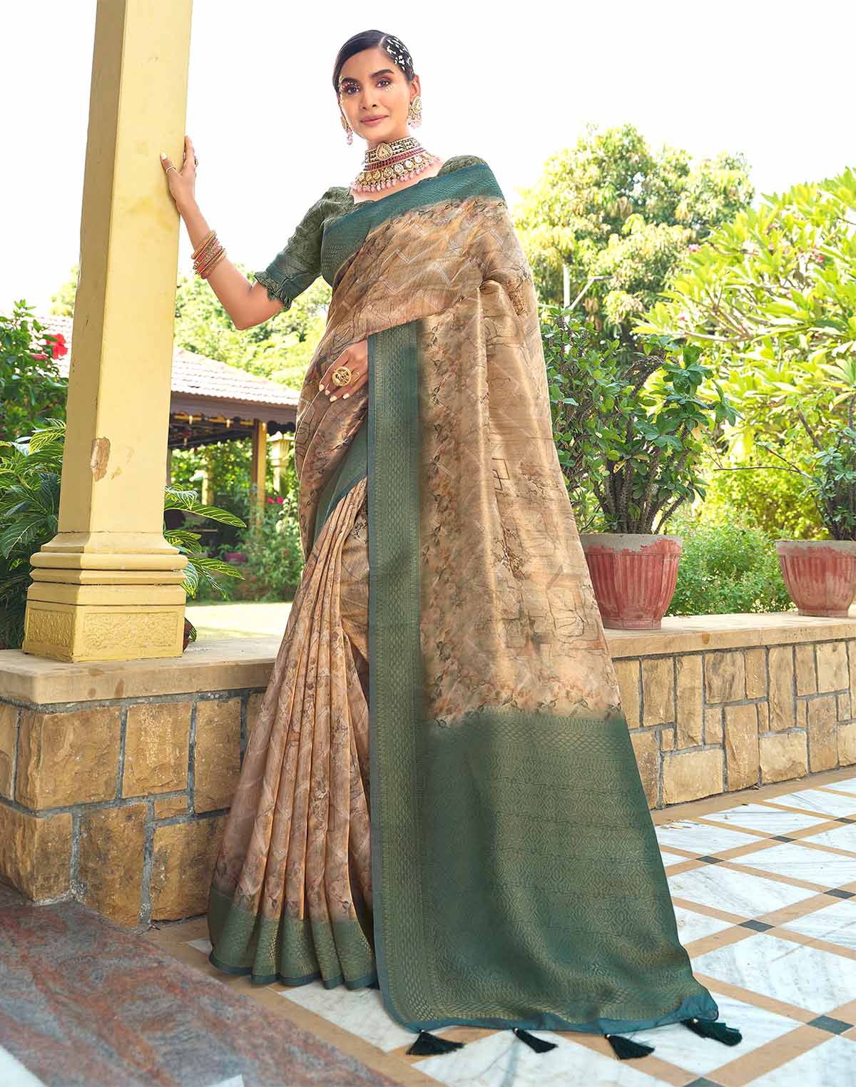 Light Orange Chevron Tissue Contrast Border Saree