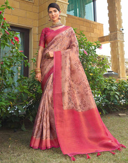 Collection of Light Peach Chevron Pattern Tissue Saree with Contrast Blouse in a gallery layout