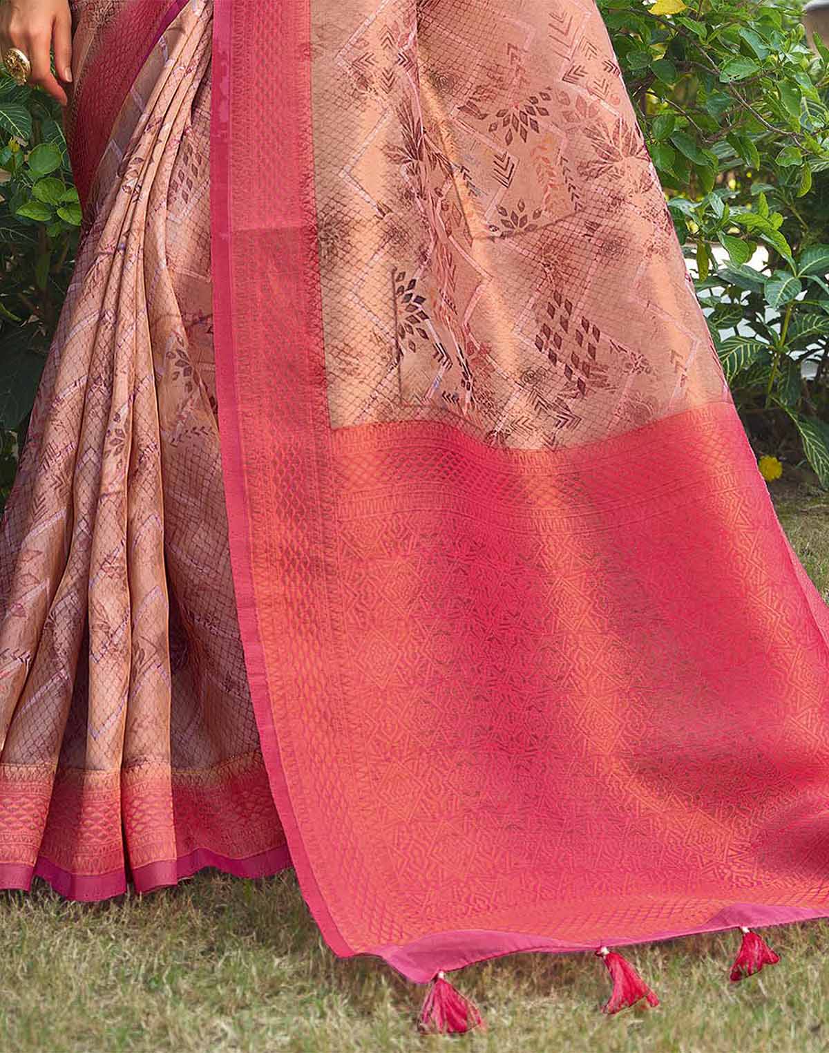 Collection of Light Peach Chevron Pattern Tissue Saree with Contrast Blouse in a gallery layout