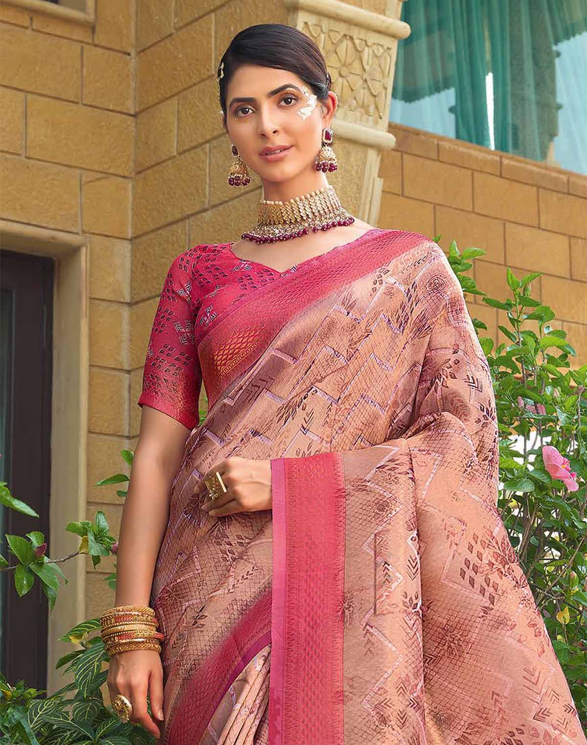 Collection of Light Peach Chevron Pattern Tissue Saree with Contrast Blouse in a gallery layout