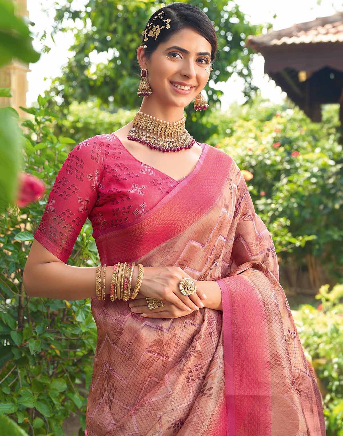 Collection of Light Peach Chevron Pattern Tissue Saree with Contrast Blouse in a gallery layout