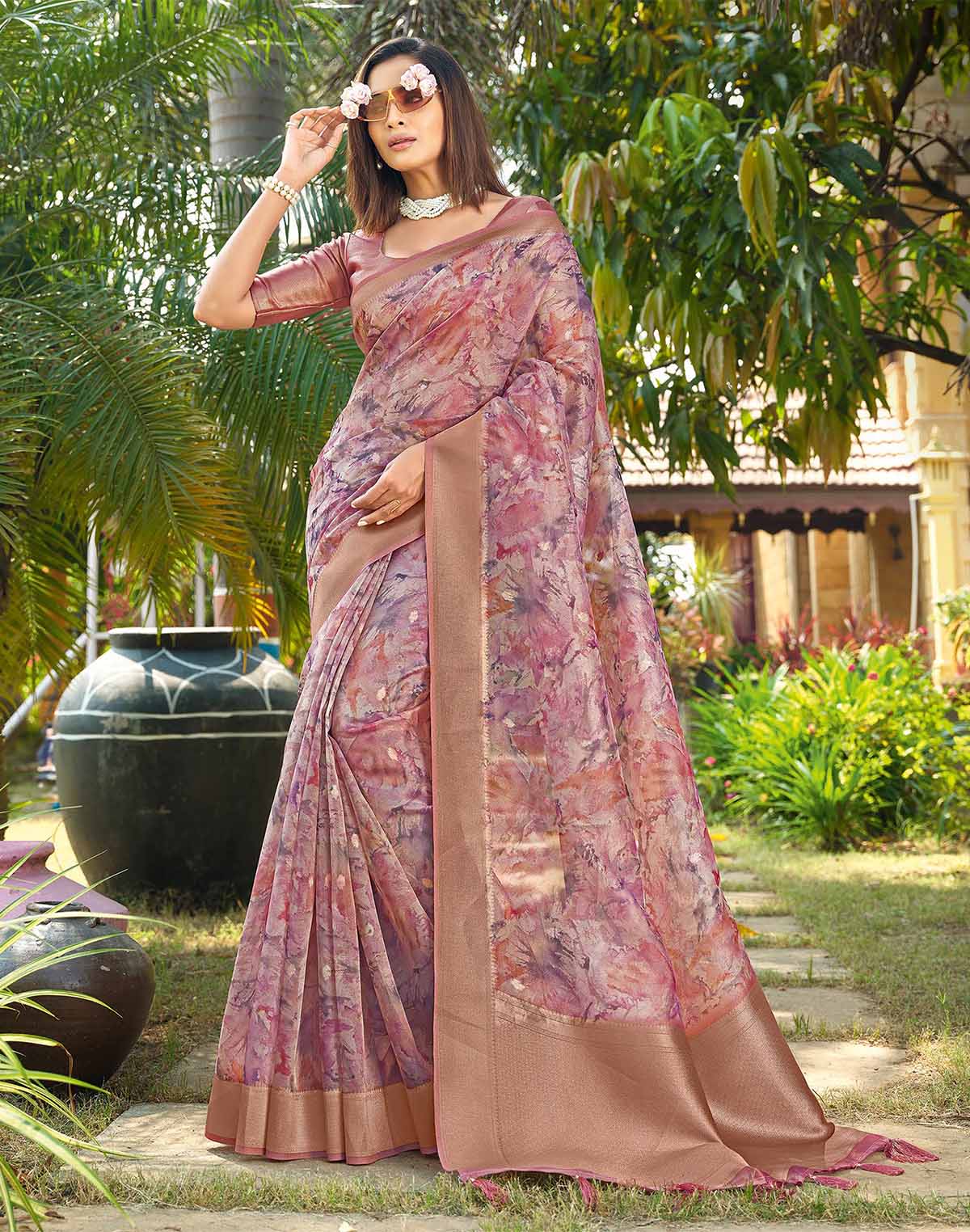 Light Pink Graphic Design Organza Saree